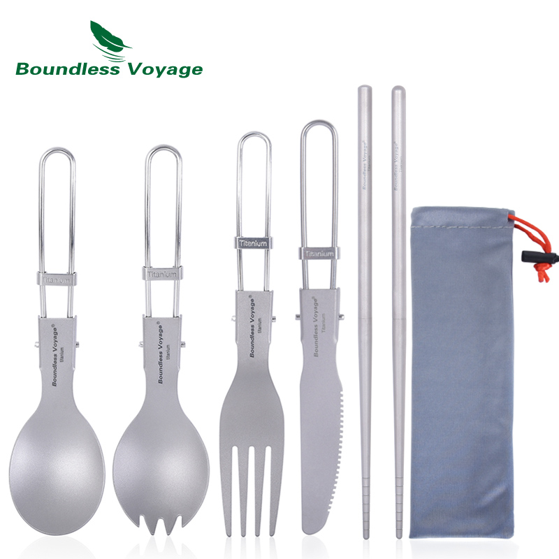 Camping Cooking Set Stainless Steel - Boundless Voyage Titanium Camping Cutlery Folding